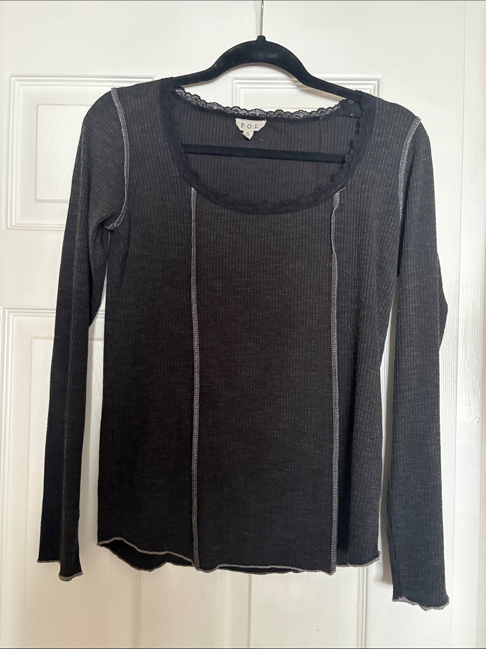 POL Black Long-Sleeve Ribbed Tee with Contrast Stitching